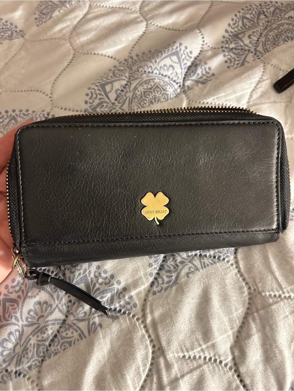 Lucky Brand Black Leather Zip Wallet with Gold Clover Logo